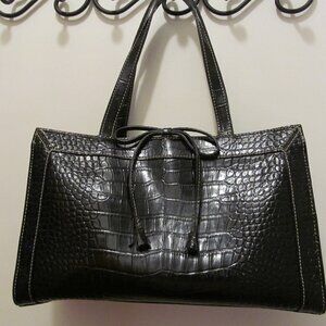 Liz Claiborne Purse Black Faux Croc Leather Bow Tassel w Bonus Cell Phone Holder